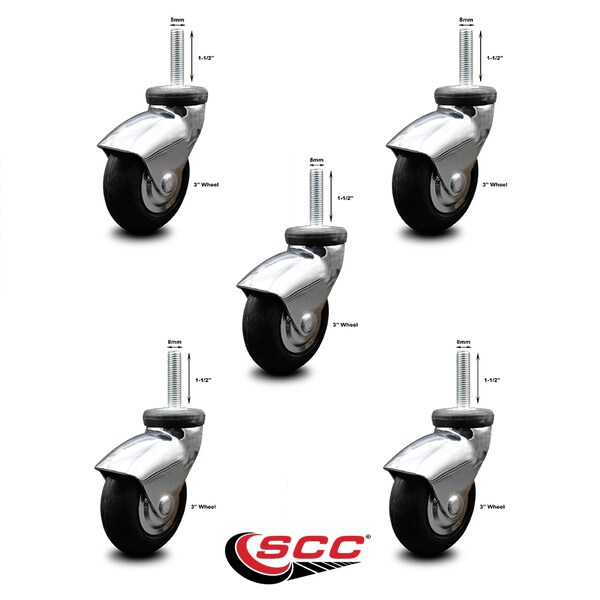 3 Inch Bright Chrome Hooded Neoprene Rubber 8mm Threaded Stem Casters SCC, 5PK